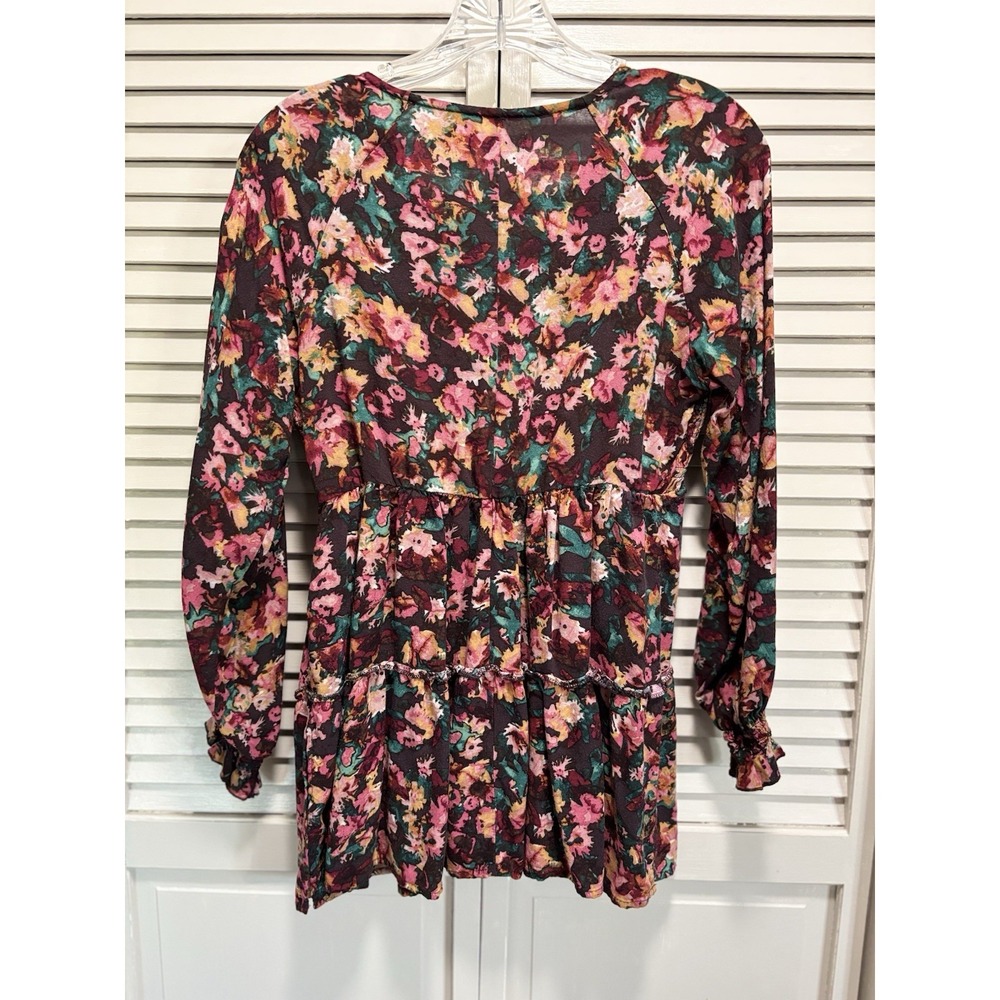 Maurices Burgundy/Green Floral Long Sleeve Smocked V Neck Ruffle Blouse Size M - Picture 6 of 8